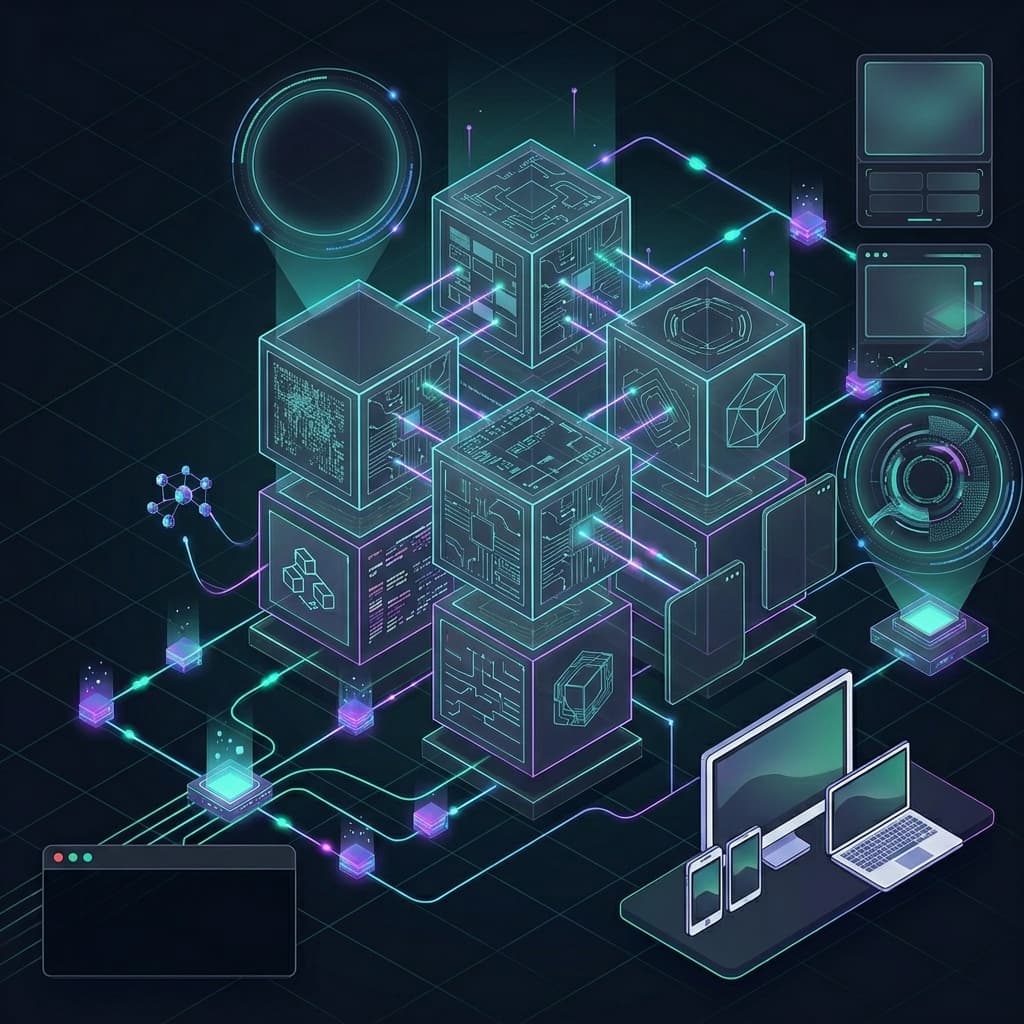 Web3 blockchain network visualization, glowing nodes and connections, dark background, blue and teal light